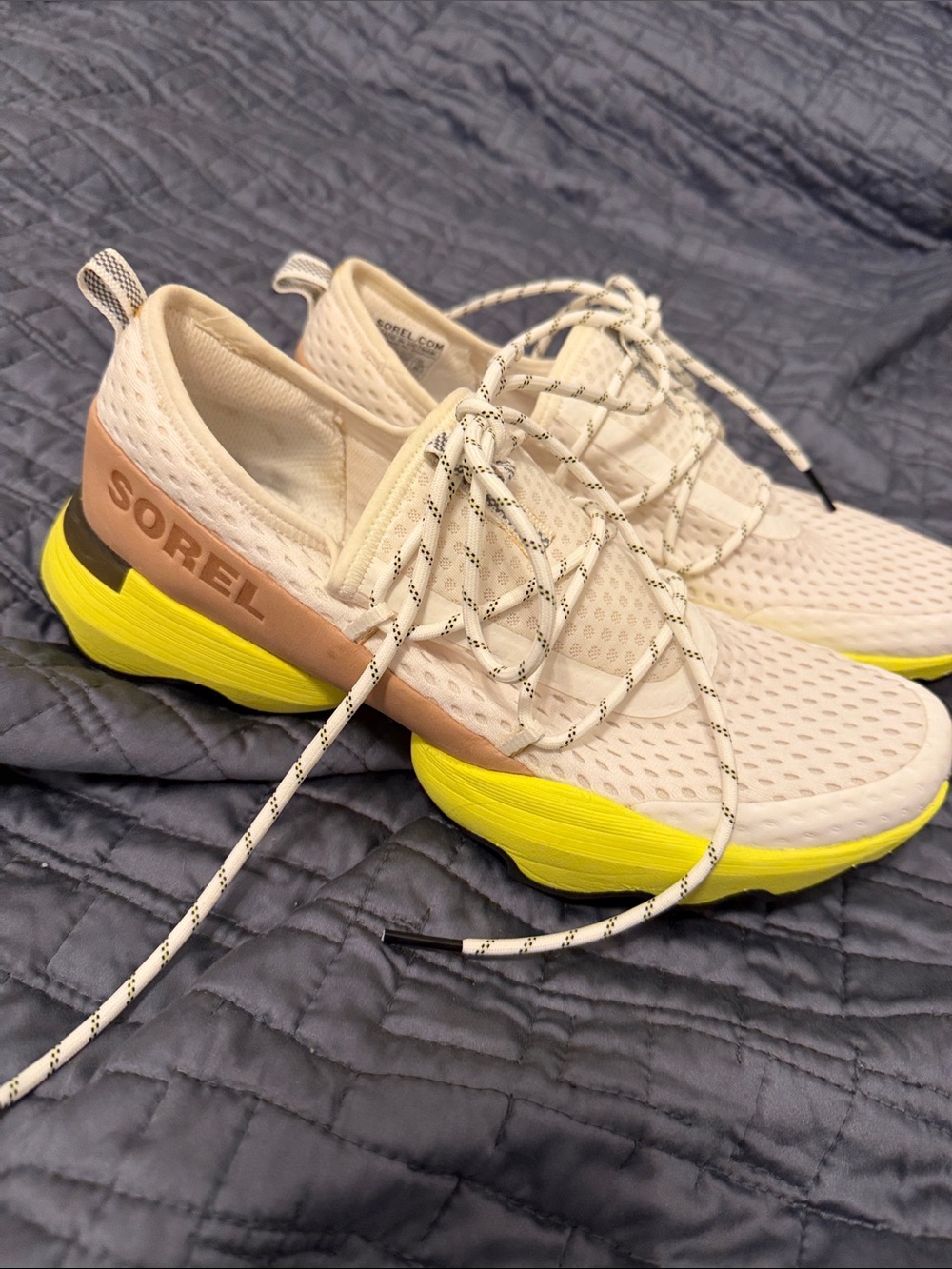 Sorel Women's Knit Athletic Sneaker in Cream and Neon Yellow